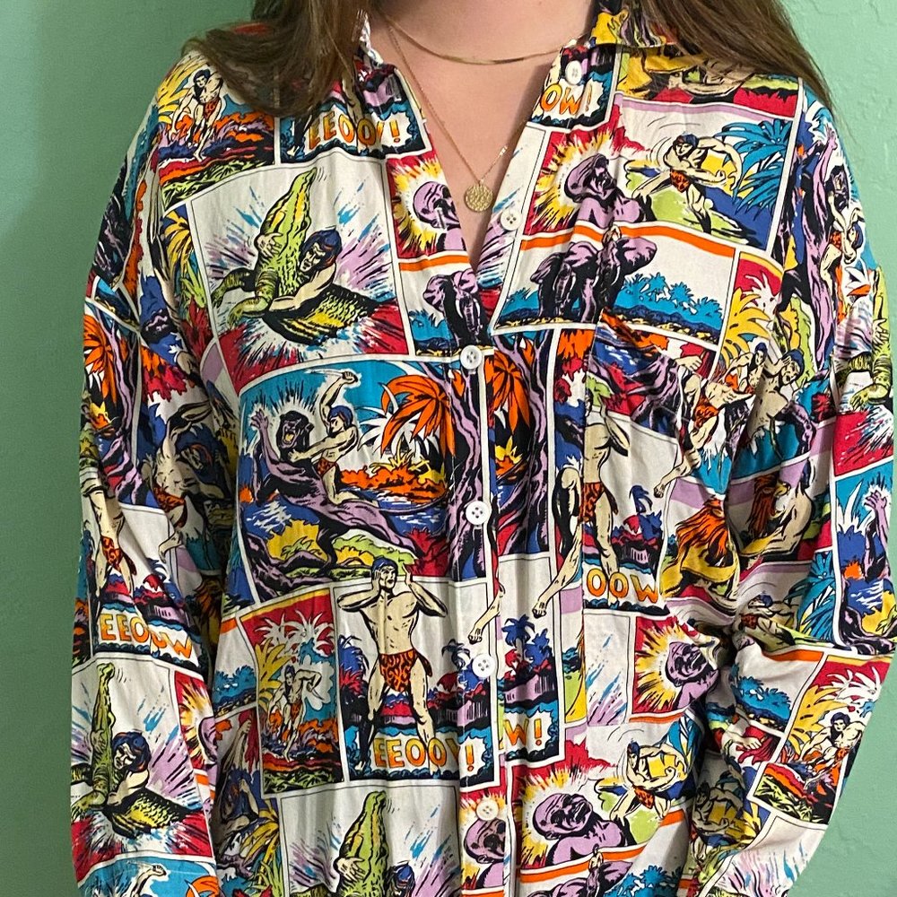 Comic book print button down blouse from michael seroy.